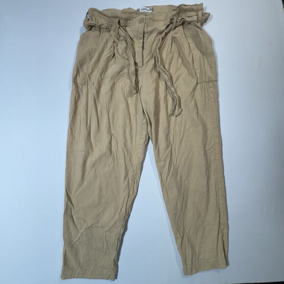 Calvin Klein Women’s Linen Blend Paperbag Waist Pants Tan Size 16 Tie Belt - Picture 1 of 9